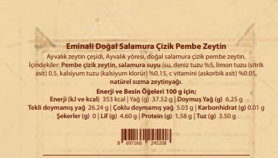Eminali Doğal Fermente Ayvalık Çizik Yeşil Zeytin 231-260 kalibre 2 Teneke