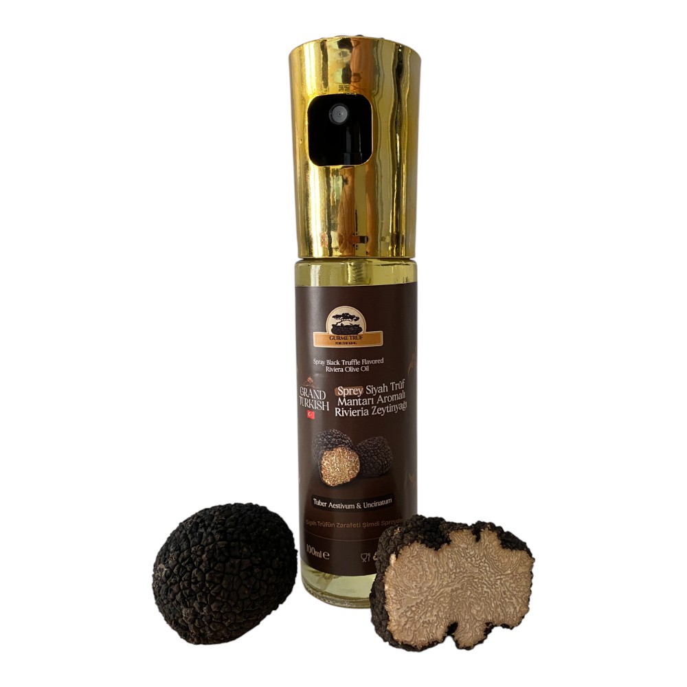 Siyah Trüf Aromalı Riviera Zeytinyağı Sprey – Grand Turkish (%5 Aromalı, 100 ml, Cam Şişe, Tekrar Kullanılabilir)