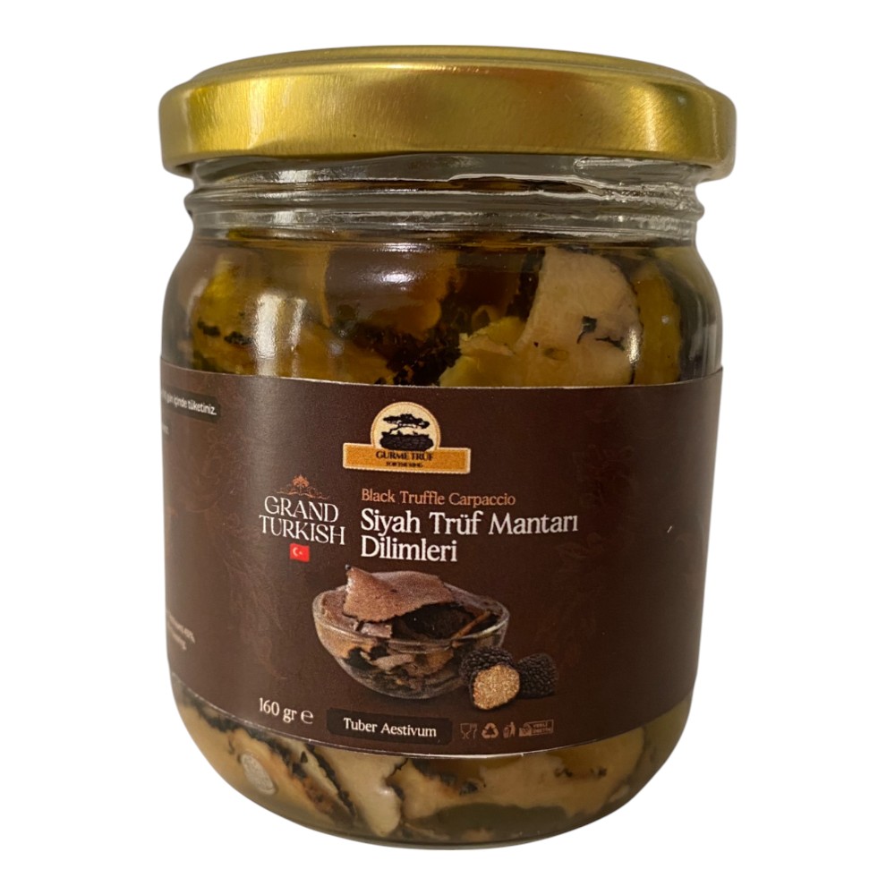 Siyah Trüf Mantarı Dilimleri (Carpaccio) – Grand Turkish, 160 gr | %45 Trüf Mantarı, %55 Süzme Zeytinyağı (Net Ağırlık 70-75 gr)