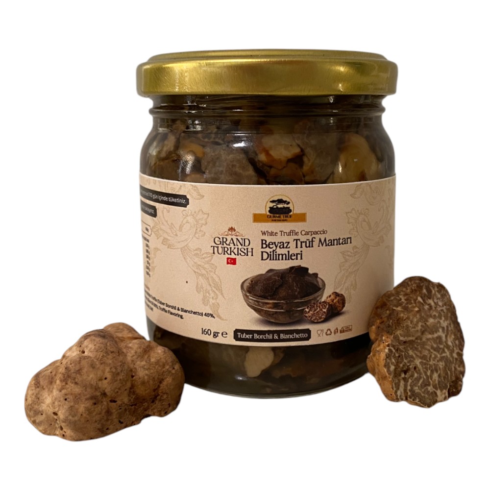 Beyaz Trüf Mantarı Dilimleri (Carpaccio) – Grand Turkish, 160 gr | %45 Trüf Mantarı, %55 Süzme Zeytinyağı (Net Ağırlık 70-75 gr)