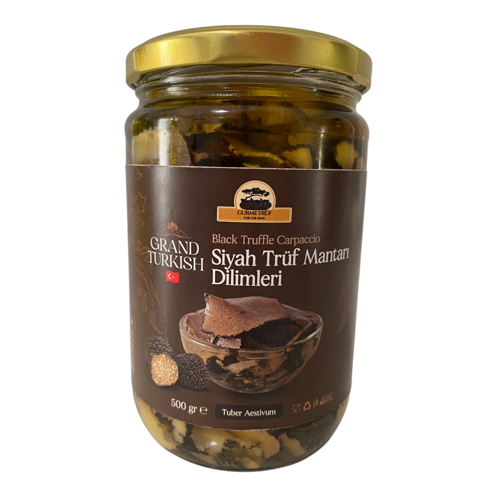 Siyah Trüf Mantarı Dilimleri (Carpaccio) – Grand Turkish, 500 gr | %55 Trüf Mantarı & %45 Zeytinyağı Süzme, Ağırlık 290-300 gr